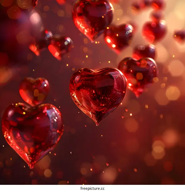 Three red heart-shaped glass ornaments with a red background.