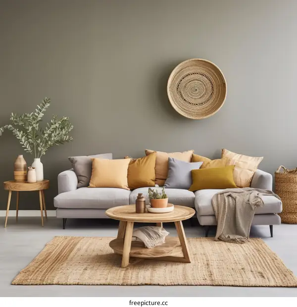 A Stylish Living Room With a Gray Couch and Natural Accents