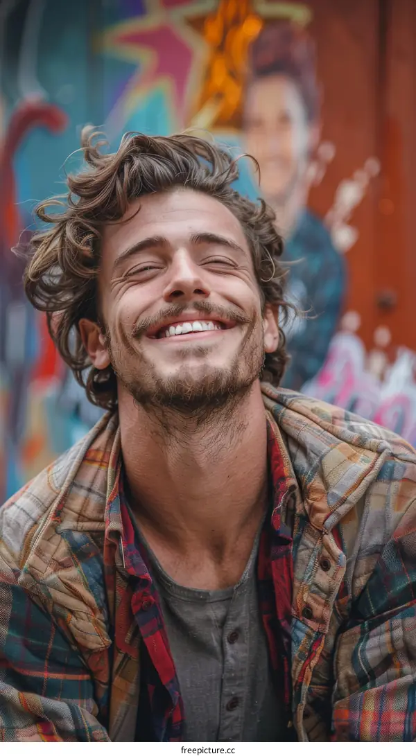 Portrait of a smiling young man with long brown hair and beard wearing a plaid shirt