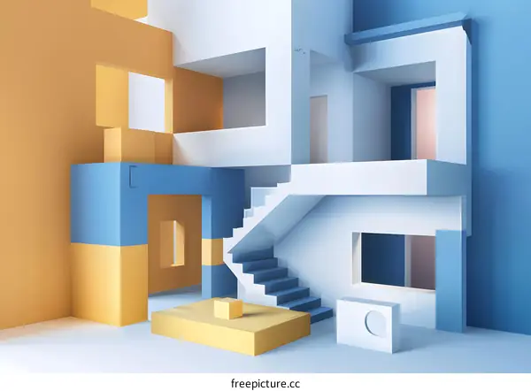 Abstract Minimalist 3D Geometric Design With Blue Yellow Colors