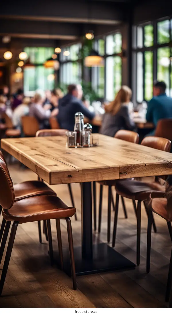 An empty table in a busy restaurant with people blurred in the background