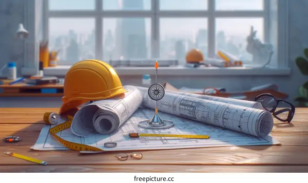 Architectural plans and blueprints on a wooden table