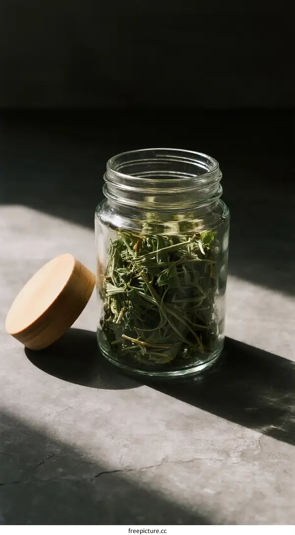 A glass jar filled with dried herbs and a wooden lid