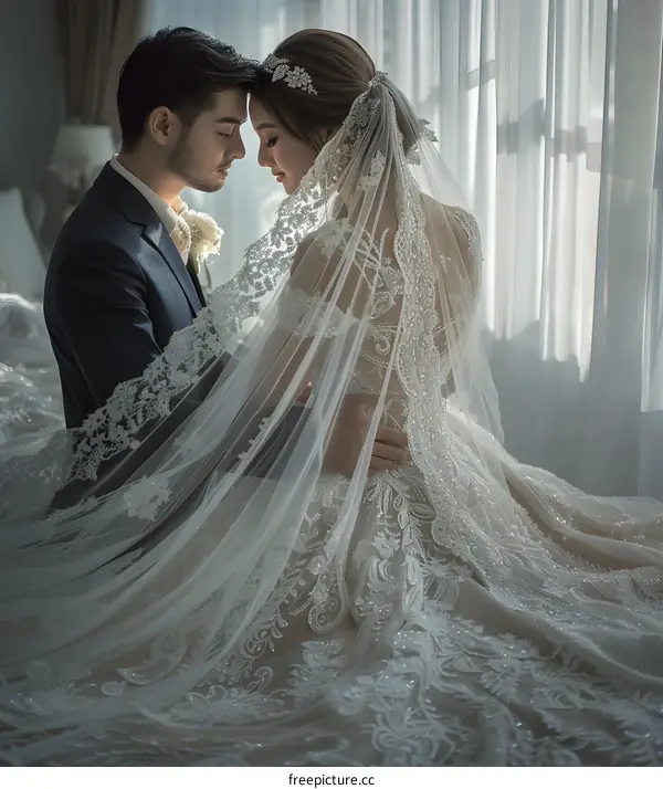 A bride and groom sitting on a bed, wearing wedding dress and tuxedo, with a crown on her head, smiling and looking at each other, looking very happy.