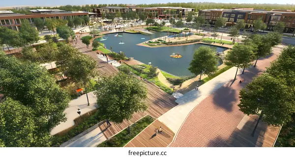 Aerial View of Modern Waterfront Development with Pond and Walkways