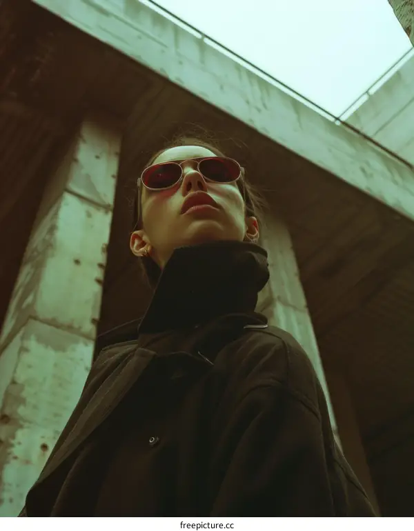 A woman wearing sunglasses stands under a concrete bridge