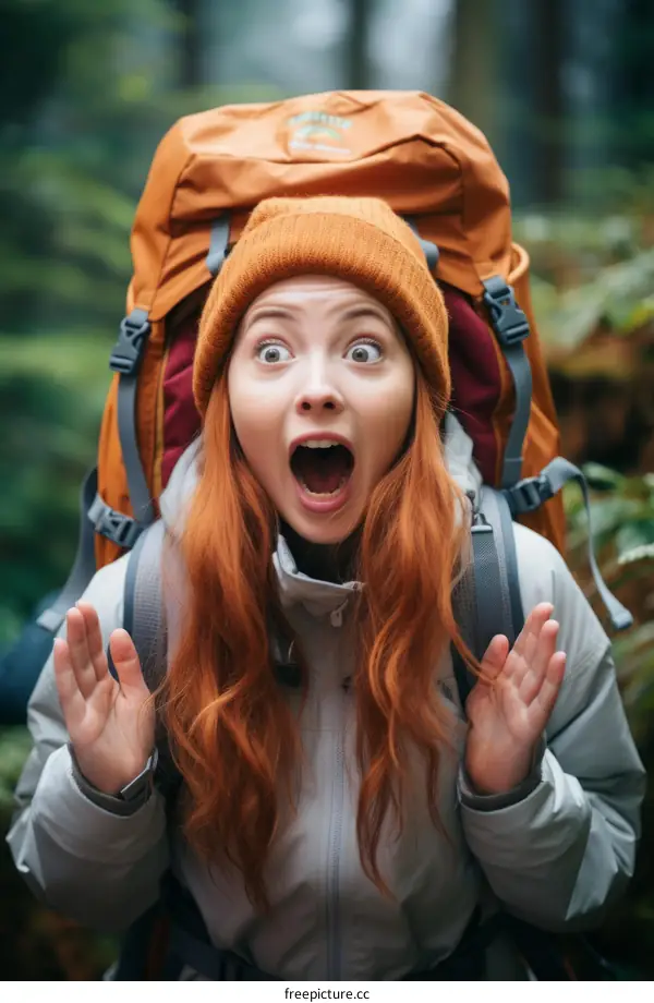 Redhead woman with open mouth and hands raised in a surprised expression