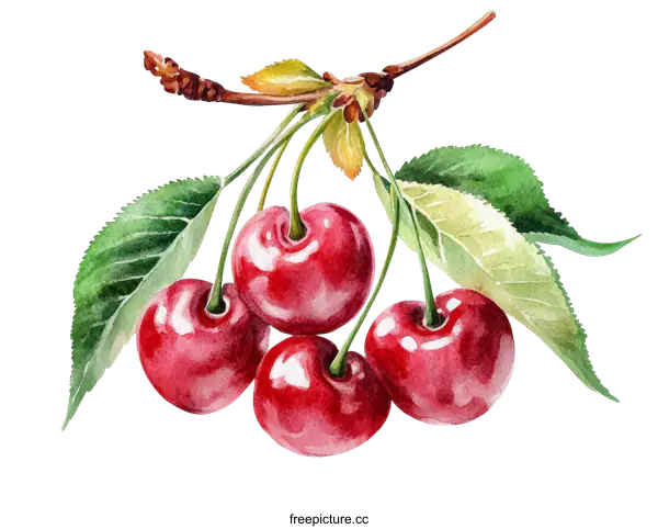 [Transparent Background PNG]Watercolor Illustration of Cherries and Leaves