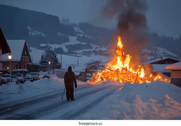 A skier walks past a bonfire on a snowy road in a village