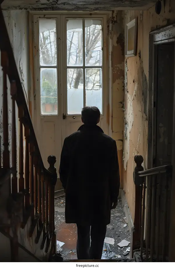 Man looking out the window in an abandoned house