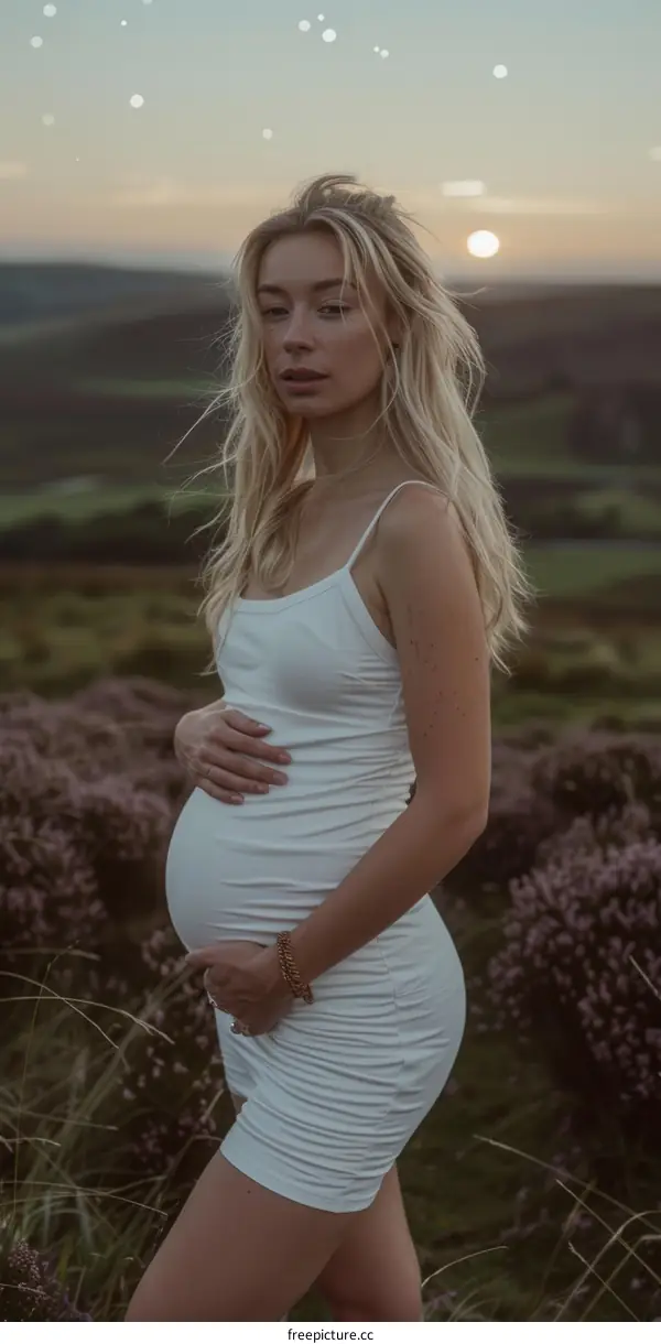 A Pregnant Woman Posing in a Field at Sunset