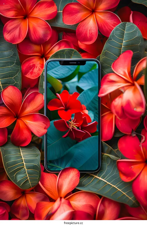 Close Up Of Red Plumeria Flowers Surrounding A Smartphone