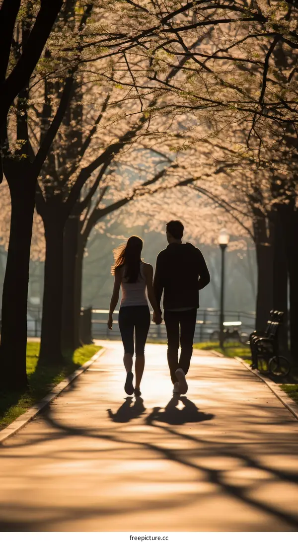 Couple walking in park holding hands at sunset