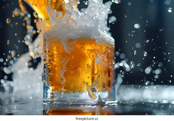 Close Up Of Beer Pouring Into Glass With Splash And Foam