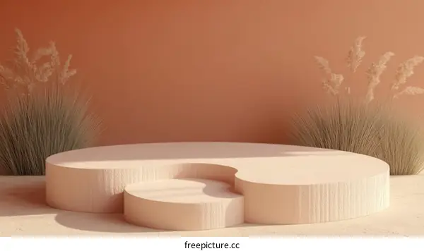 Beige Abstract Display Podium With Dried Grass