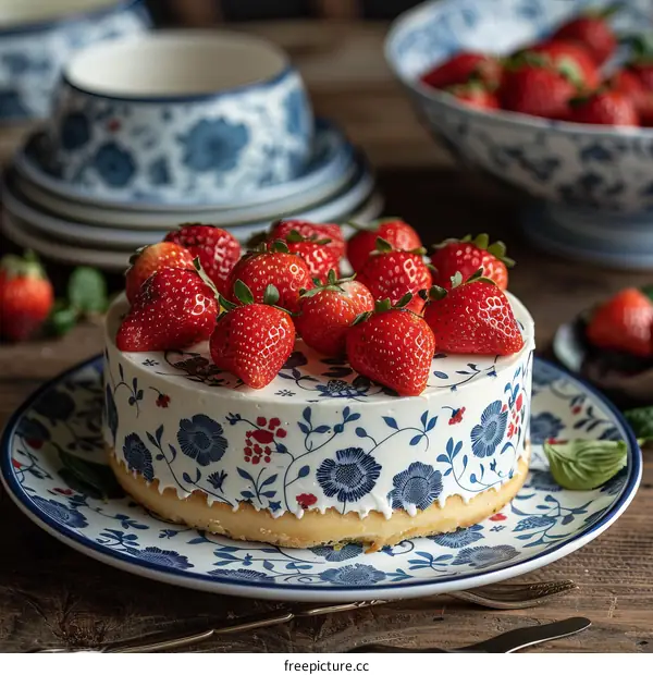 A delicious strawberry cake sits on a table
