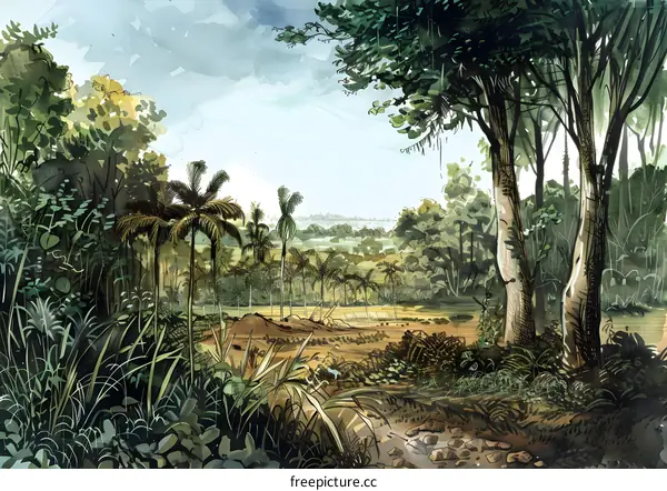 Watercolor Painting of a Lush Tropical Forest Landscape