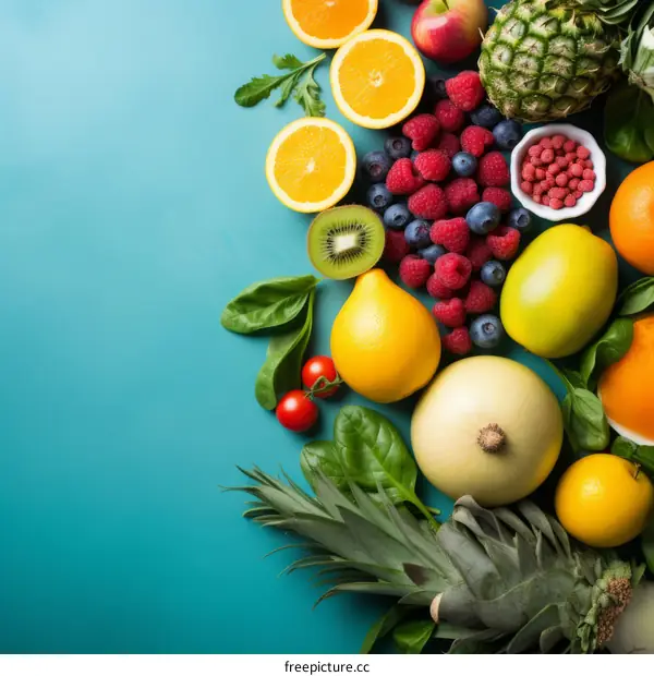 A variety of fruits and vegetables are arranged on a blue background.