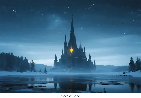 A Majestic Gothic Castle in a Snowy Winter Night
