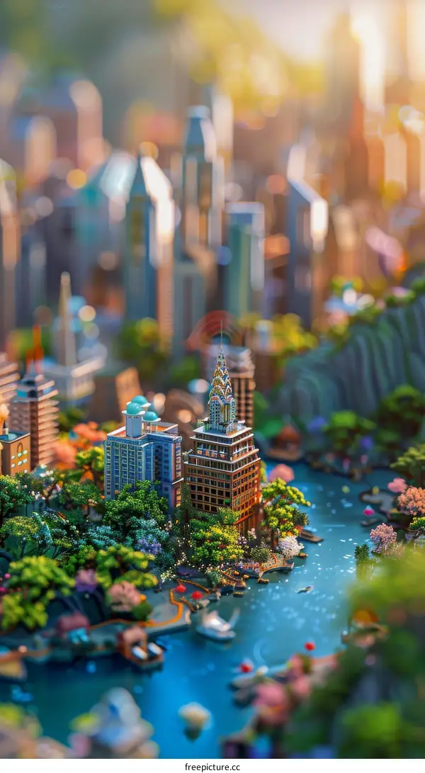 Miniature Cityscape Illustration with a River and Buildings