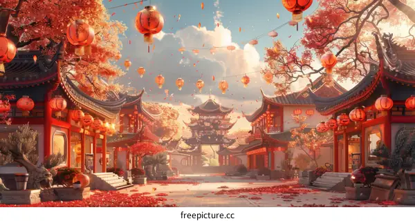 A Chinese Street Decorated with Red Lanterns and Autumn Leaves