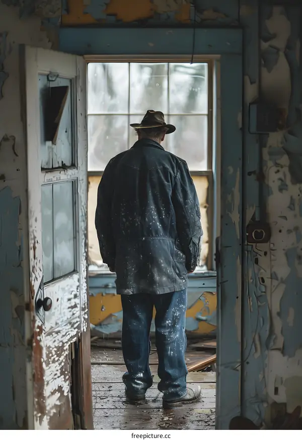An old man standing in a ruined house