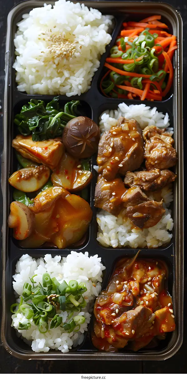 Korean Style Bento Box With Rice, Meat, and Vegetables