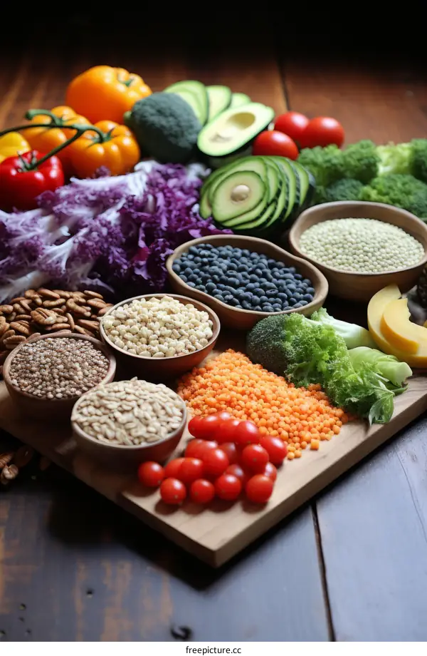 A variety of fresh vegetables and grains on a wooden table