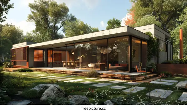 Modern house with large glass windows and a green yard