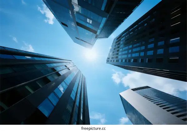 Looking up at modern skyscrapers under a clear blue sky