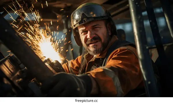 Bearded man in hard hat welding metal with sparks