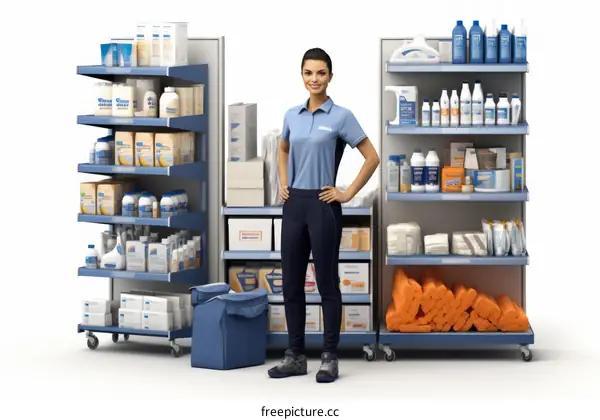 Smiling female store clerk standing in front of shelves with various products