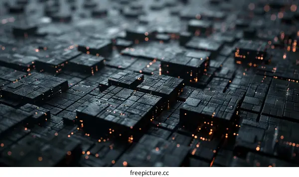 Glowing lights illuminate a futuristic cityscape