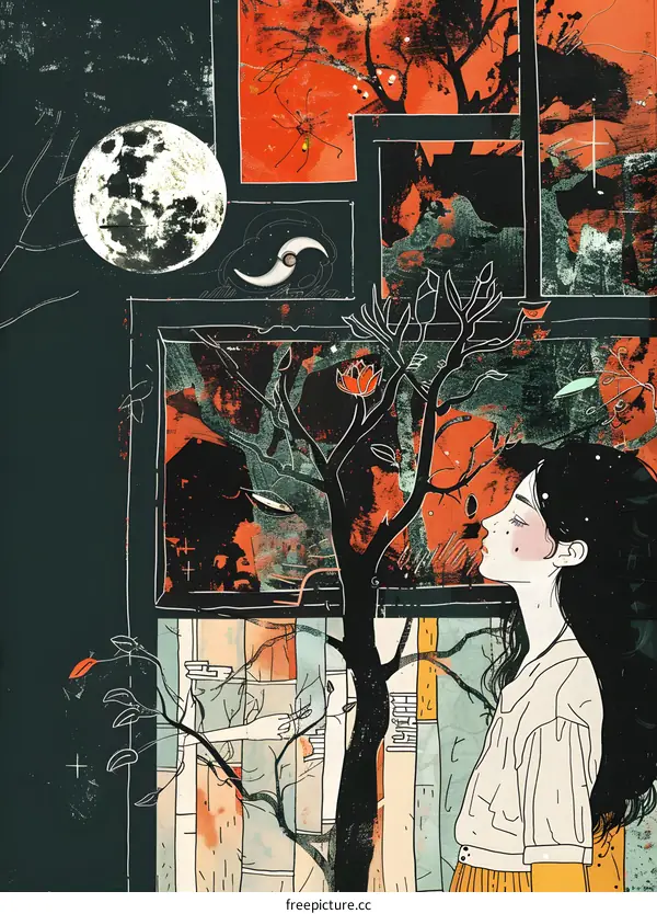 Woman in a Window with Abstract Art