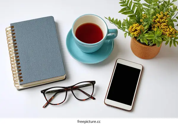 A Simple Work Space with Notepad and Tea
