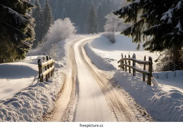 Snowy Road Winding Through Forest in Winter