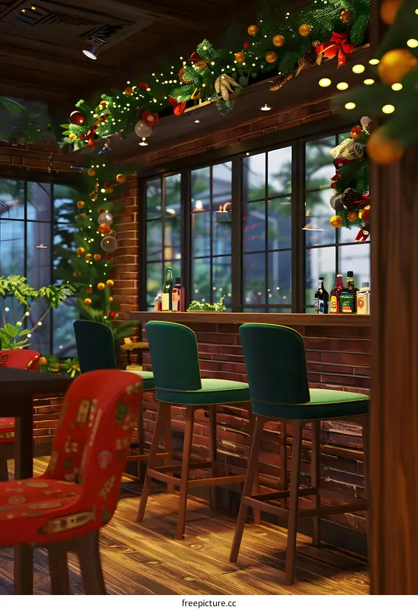 Christmas Decorated Bar Interior Design With Green Bar Stools
