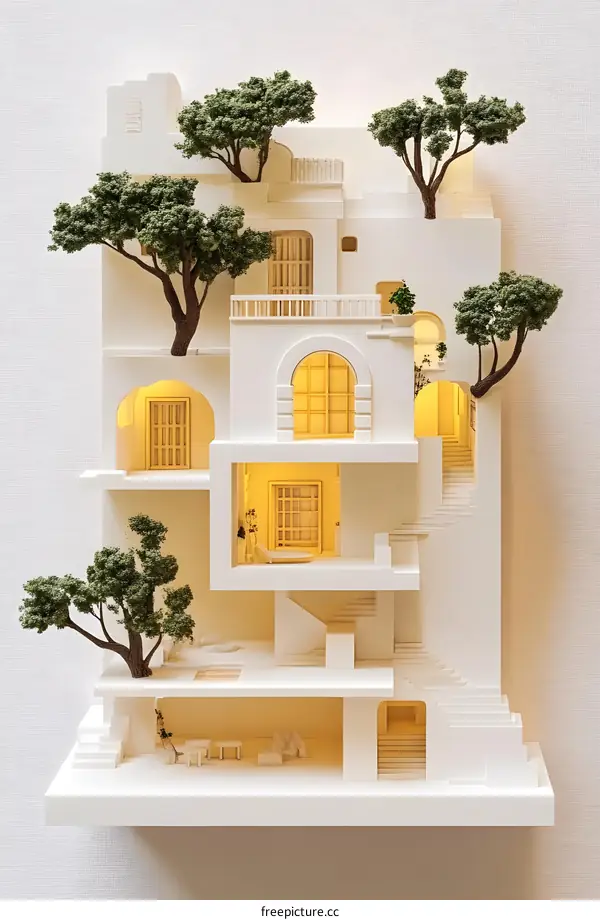 Modern Minimalist White House Model with Trees and Interior Details