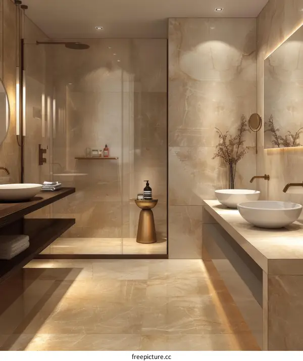 Bathroom interior with beige marble tiles and golden elements