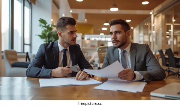 Two businessmen in suits are sitting at a table having a serious discussion while looking at some paperwork.
