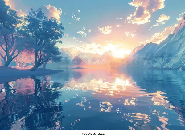 Serene Mountain Lake with Pink Trees at Sunset