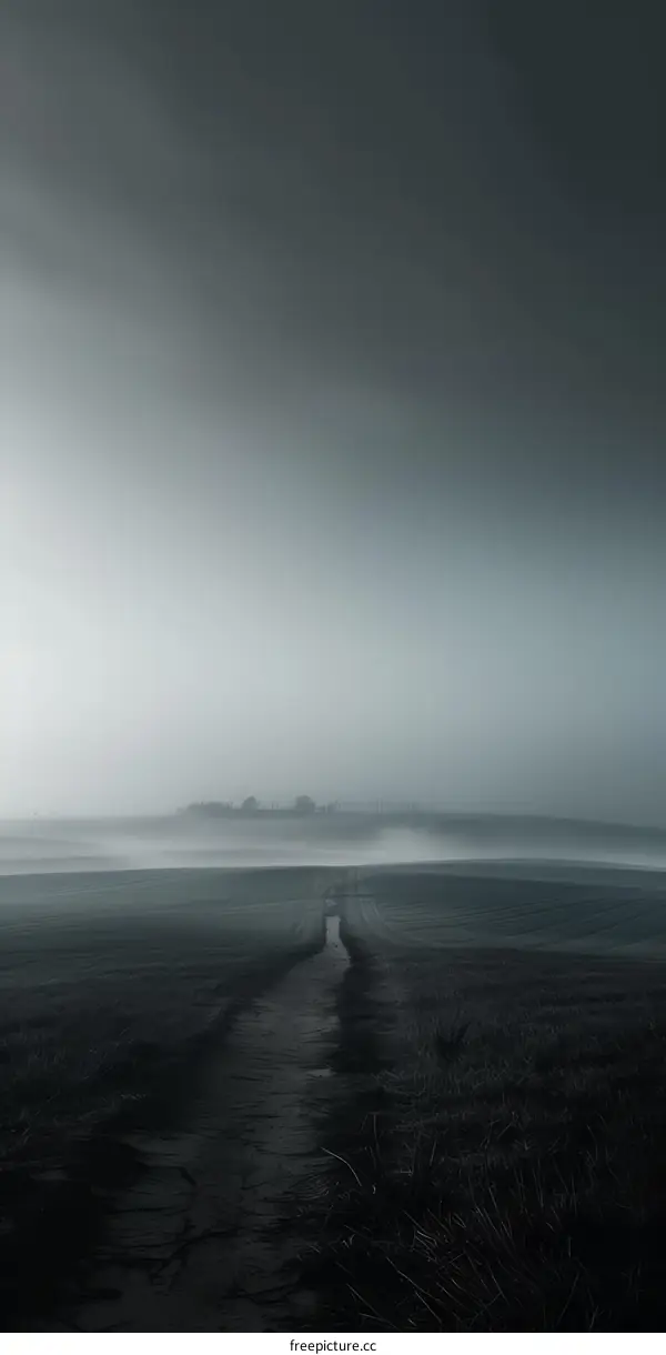 Unwelcoming and ominous country road in fog