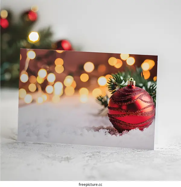 Red Christmas Ornament on Snow with Bokeh Lights