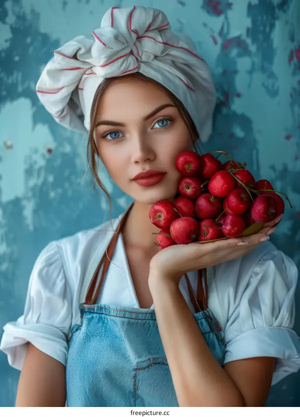 Young Woman Holding Cherries in Kitchen