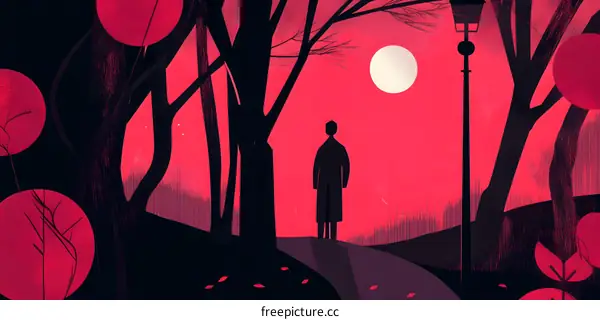 Silhouette of a Person Standing in a Forest at Night