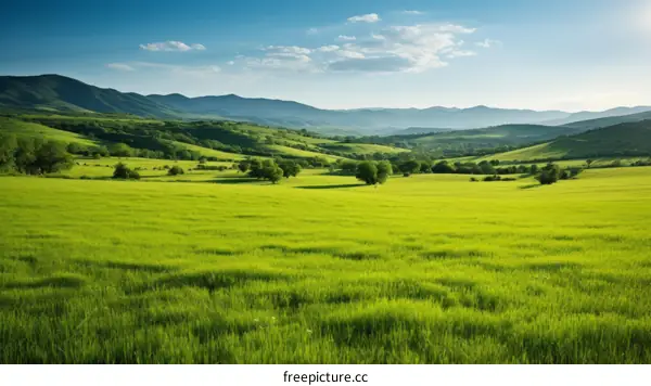 idyllic green rolling hills landscape with blue sky and white clouds