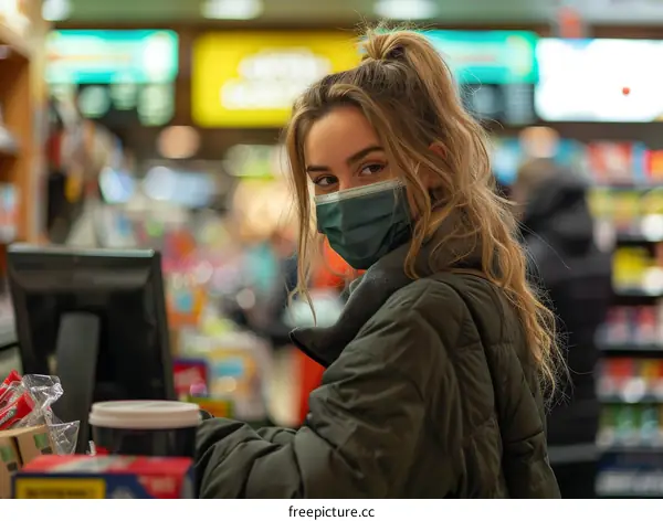 Young woman wearing a mask in a grocery store