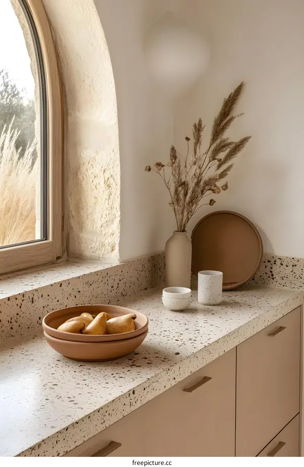 Terrazzo Kitchen Countertop with a Rustic Window View