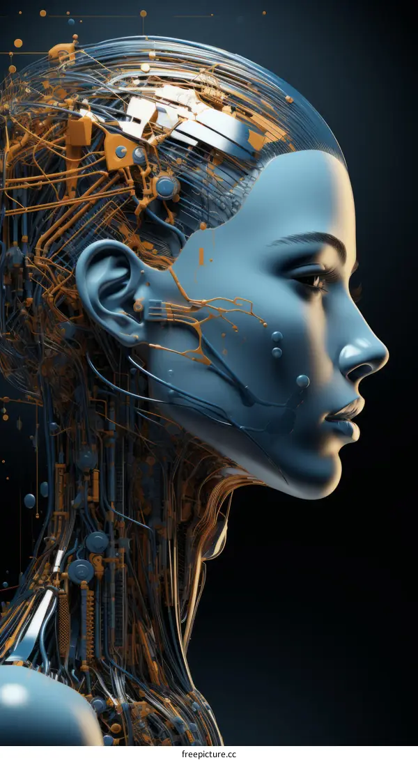 Futuristic Female Android Illustration with Blue Skin and Glowing Yellow Eyes