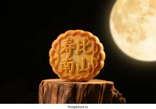 Mooncake with 'Longevity Like the South Mountain' Inscription Under Full Moon